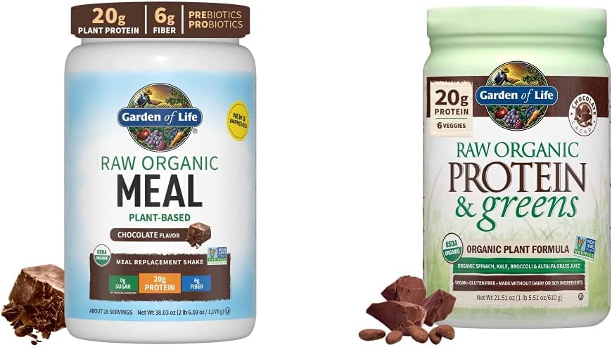 Garden of Life Tasty Organic Chocolate Meal Replacement Shake Vegan, 2.4 LB & Raw Organic Protein & Greens Chocolate - Vegan Protein Powder, 20 Servings