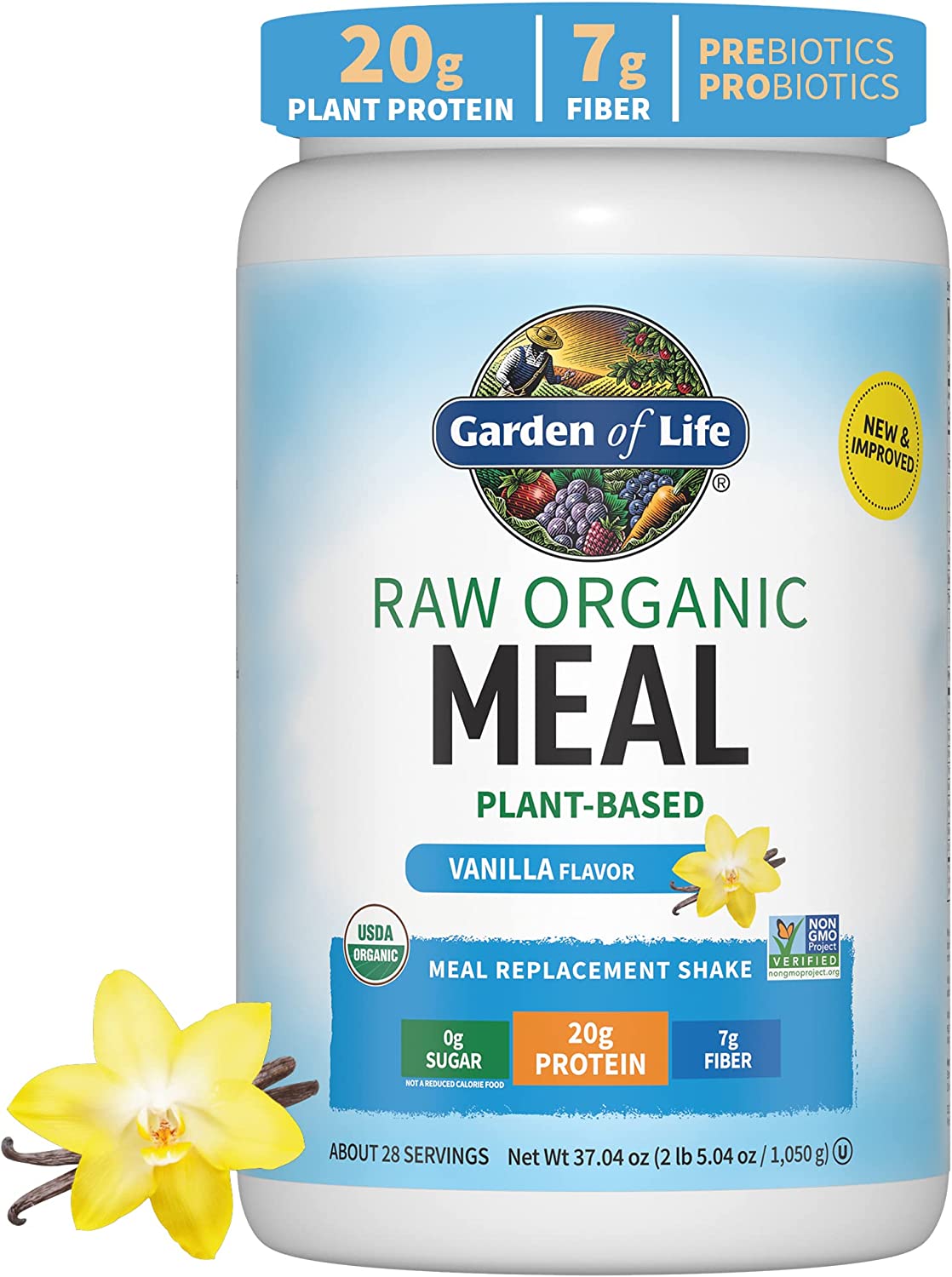 Garden of Life Tasty Organic Vanilla Meal Replacement Shake Vegan - 20g Complete Plant Based Protein, Greens, Rice Protein, Pro & Prebiotics for Easy Digestion – Non-GMO, Gluten-Free, 2.3 LB