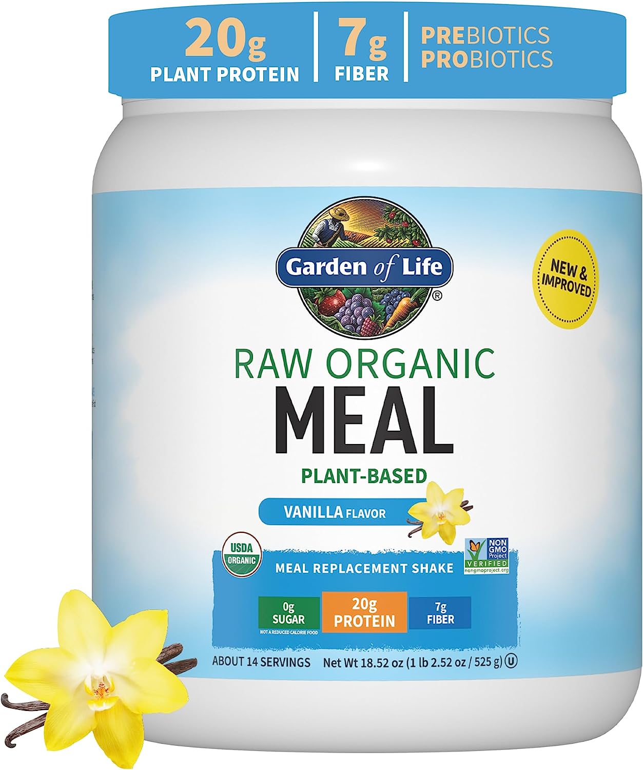 Garden of Life Tasty Organic Vanilla Meal Replacement Shake Vegan - 20g Complete Plant Based Protein, Greens, Rice Protein, Pro & Prebiotics for Easy Digestion – Non-GMO, Gluten-Free, 1.2 LB