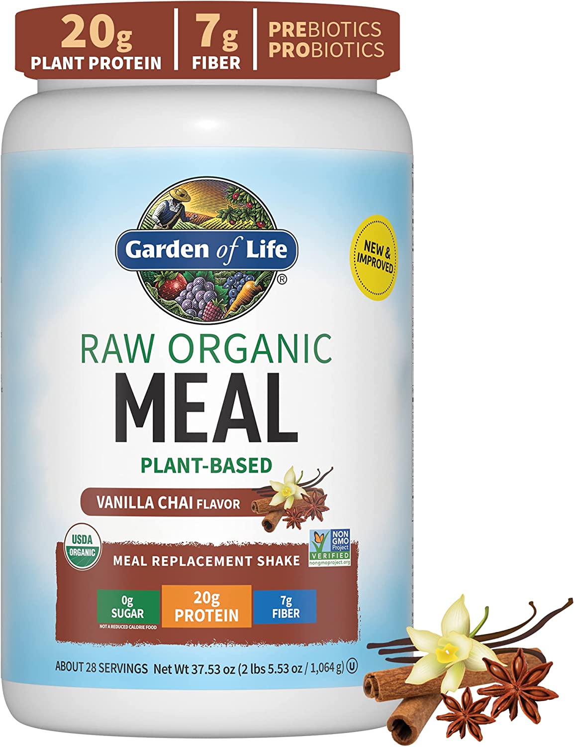 Tasty Organic Vanilla Chai Meal Replacement Shake Vegan - Garden of Life 20g Complete Plant Based Protein, Greens, Rice Protein, Pro & Prebiotics for Easy Digestion – Non-GMO Gluten-Free, 2.4 LB