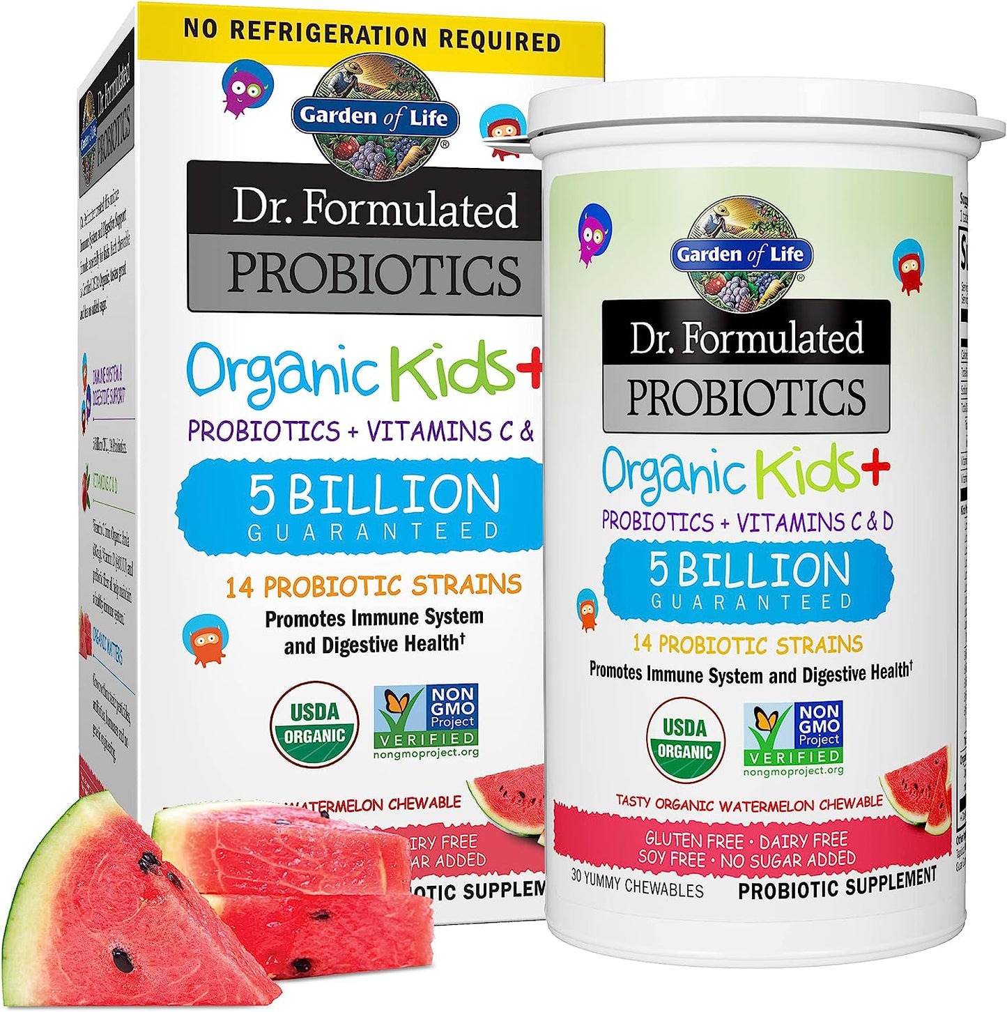 Garden of Life Dr. Formulated Probiotics Organic Kids+ Plus Vitamin C & D - Watermelon - Gluten, Dairy & Soy Free Immune & Digestive Health Supplement, No Added Sugar, 30 Chewables (Shelf Stable)