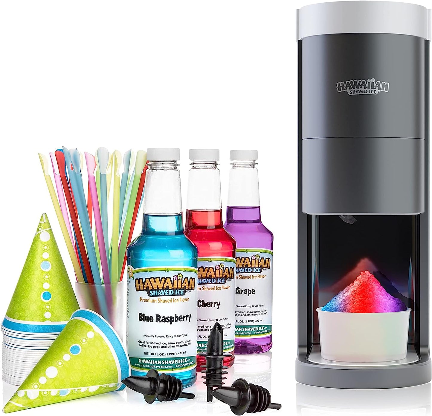Hawaiian Shaved Ice S777 HomePro Shave Ice Machine With 3 Flavor Snow Cone Syrup Pack Including Party Ready Accessories