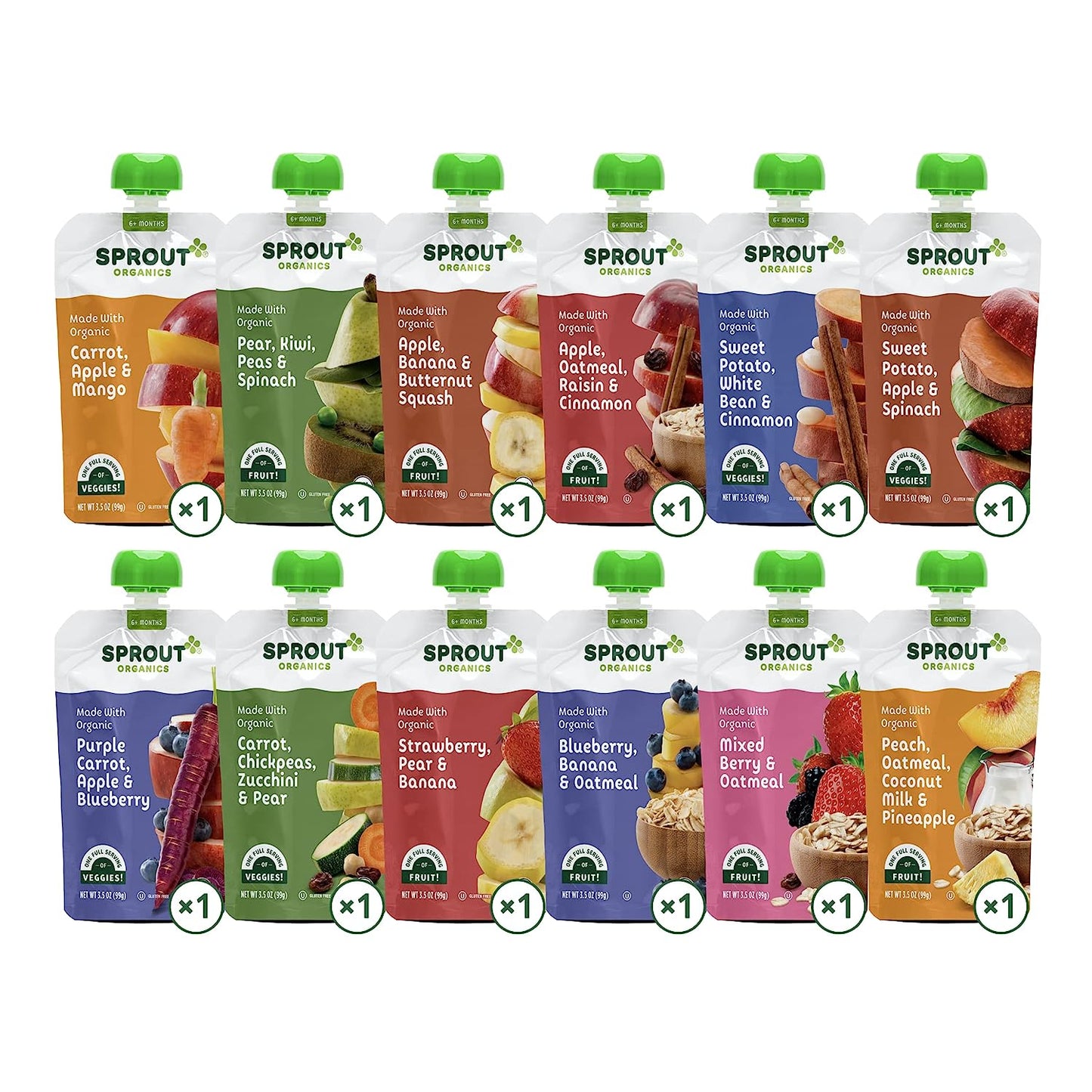 Sprout Organic Baby Food, Stage 2 Pouches, 12 Flavor Fruit Veggie & Grain Variety Sampler, 3.5 Oz (Pack of 12)