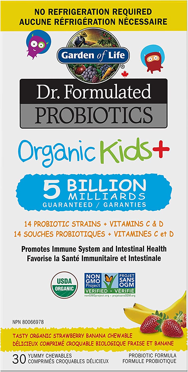 Garden of Life Dr. Formulated Probiotics Organic Kids+ Plus Vitamin C & D, Strawberry Banana, Gluten Dairy & Soy Free Immune & Digestive Health Supplement, No Added Sugar, 30 Chewables (Shelf Stable)