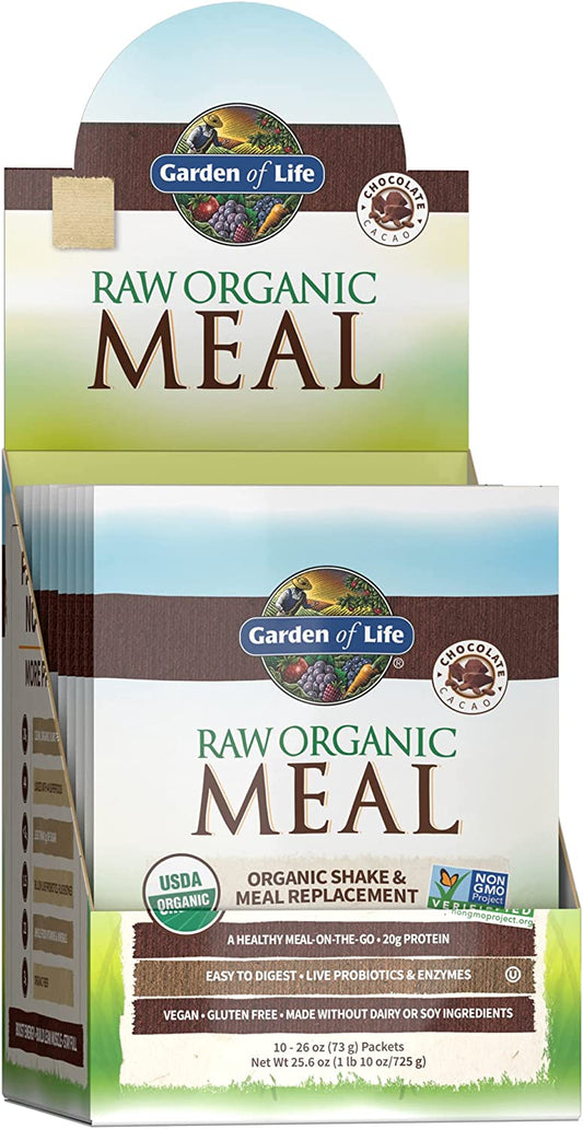 Garden of Life Raw Organic Meal Replacement Powder - Chocolate, 20 Servings (10ct Tray), 20g Plant Based Protein Powder, Superfoods, Greens, Vitamins & Minerals, All-in-One Meal Replacement Shake