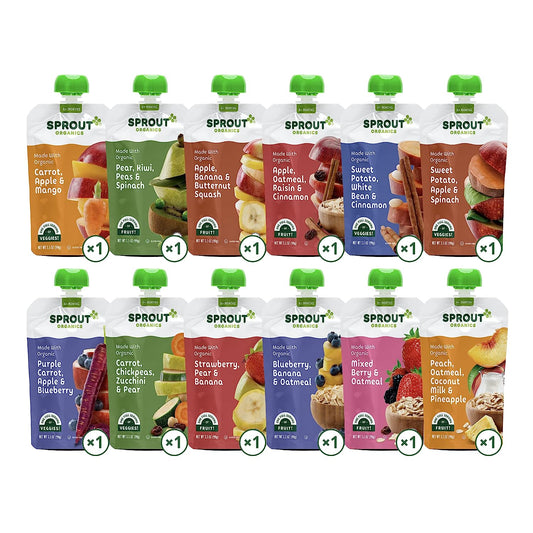 Sprout Organic Baby Food, Stage 2 Pouches, 12 Flavor Fruit Veggie & Grain Variety Sampler, 3.5 Oz (Pack of 12)