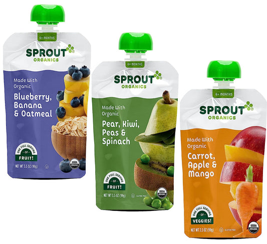 Sprout Organics, Stage 2 Variety Pack, Carrot Apple Mango, Pear Kiwi Peas Spinach & Blueberry Banana Oatmeal, 6+ Month Pouches, 3.5 oz (12-count)